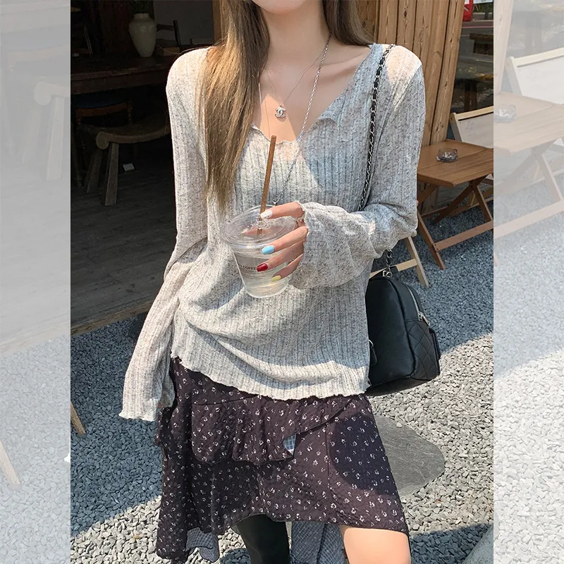 Ice Silk Thin Summer Long-sleeve T-shirt For Women - Flower Gray