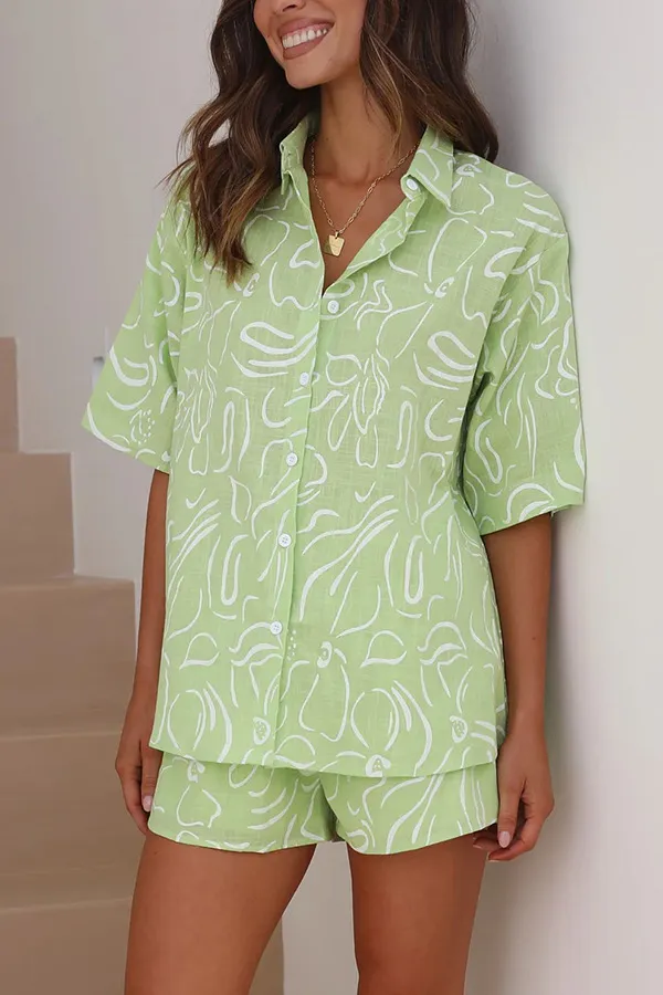 Casual Shirt Short Sleeve Cardigan Printed Home Two piece Set Green Flower - Shop at LoveMi