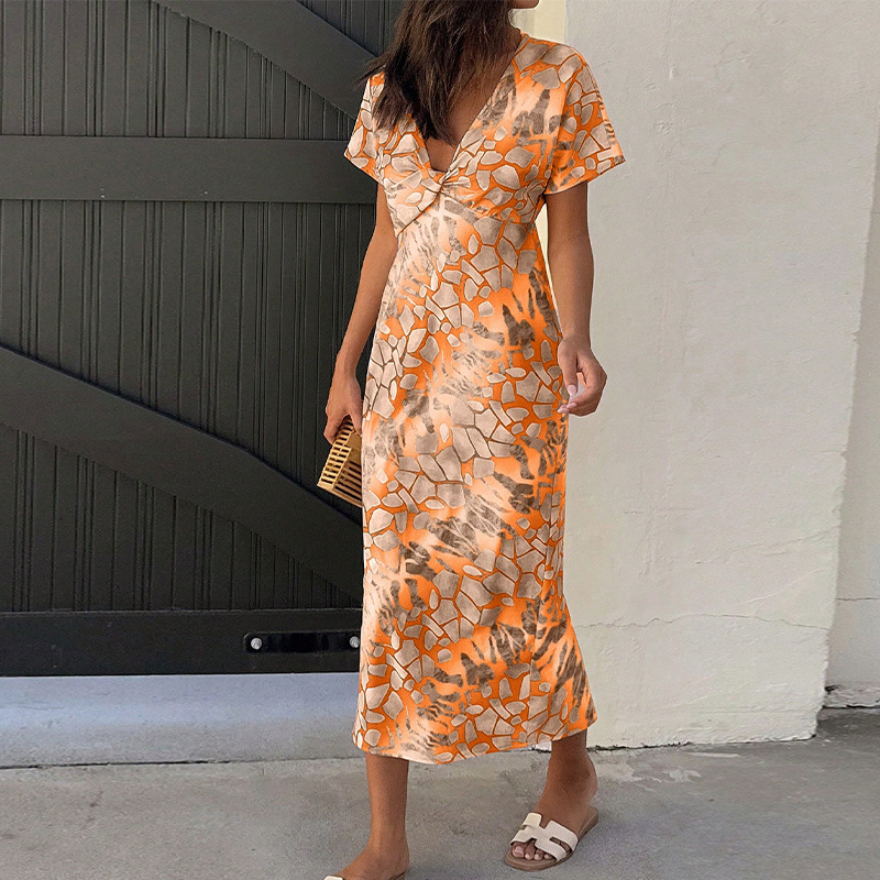 Slim Fit Vacation Style Sexy V neck Mid length Dress Orange - Shop at LoveMi