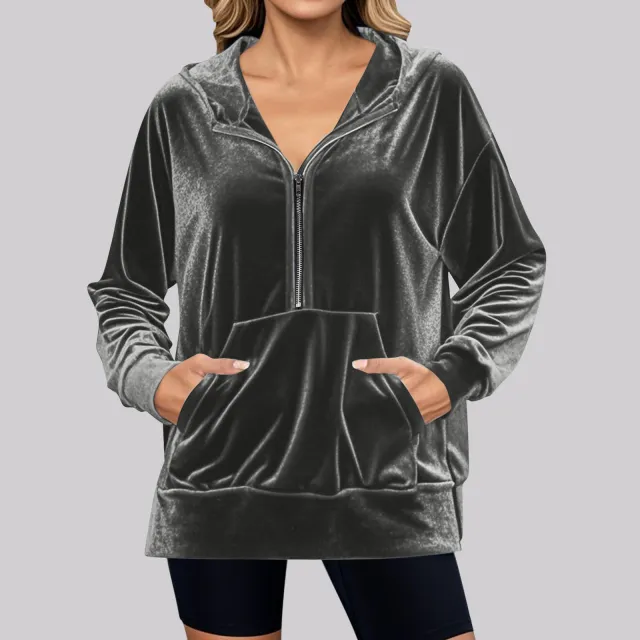 Loose Long Sleeve Zipper Pocket Pleuche Top Women Gray - Shop at LoveMi