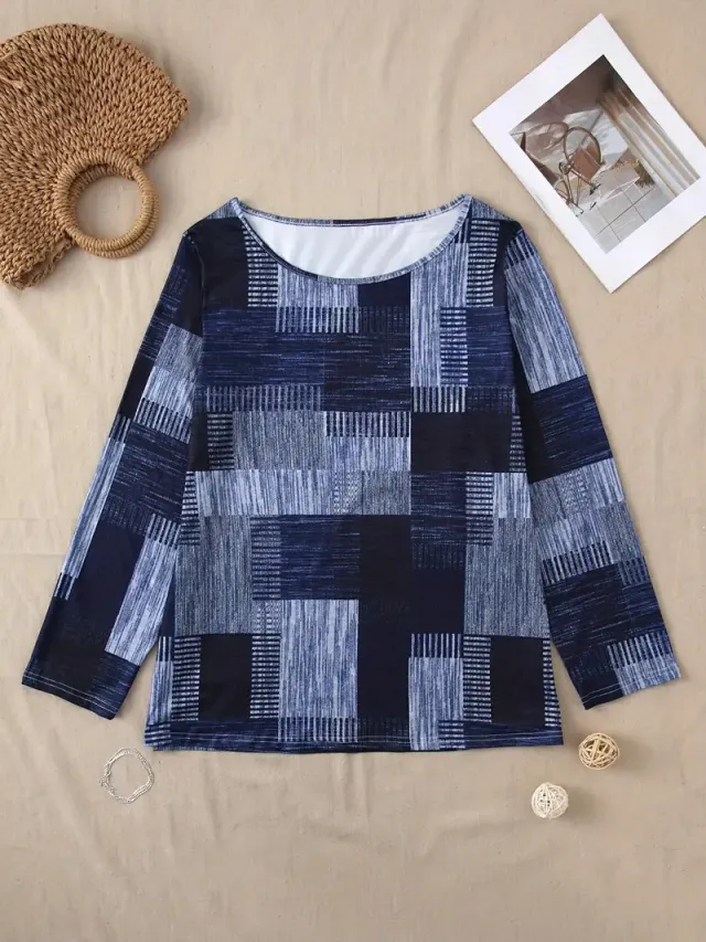 Casual Versatile Geometric Round Neck Long Sleeve Top Grey - Shop at LoveMi