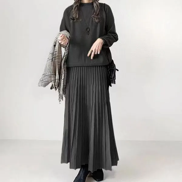 Women's Long Sleeve Pleated Skirt Fashion Suit - Graphite Color