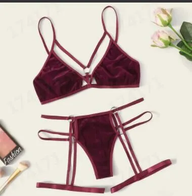 Deep V Bra Sling Comfortable Gold Velvet Pajamas Wine Red - Shop at LoveMi