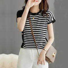 Round Neck Black And White Striped T-shirt For Women - Black - View 1
