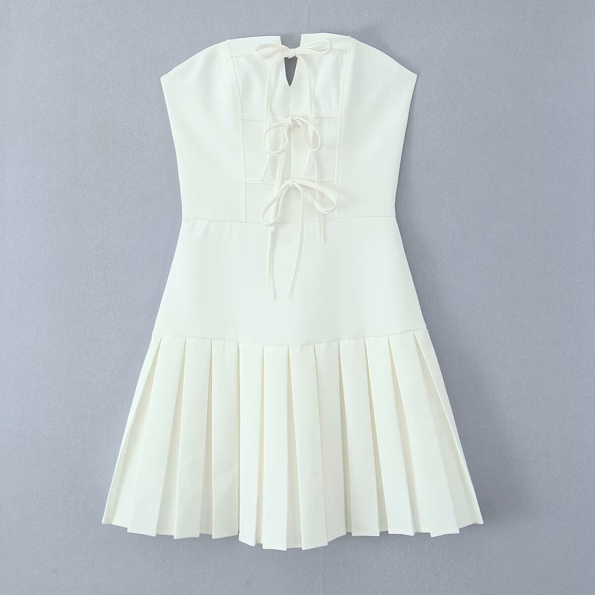 Tube Top Bow Bandage Slim fitting Patchwork Pleated Dress White - Shop at LoveMi