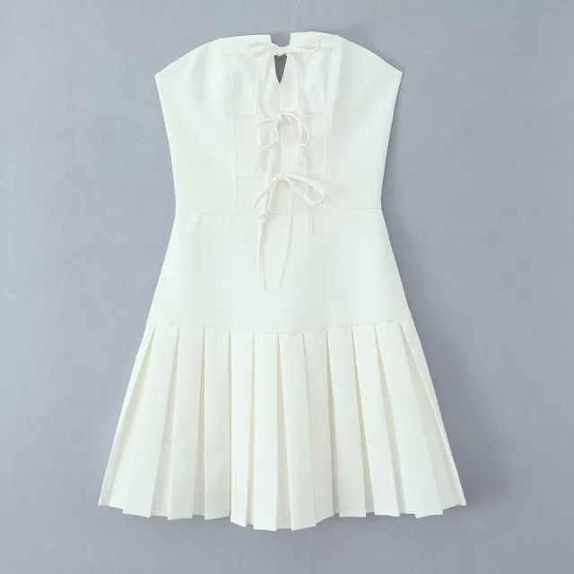 Tube Top Bow Bandage Slim fitting Patchwork Pleated Dress White - Shop at LoveMi