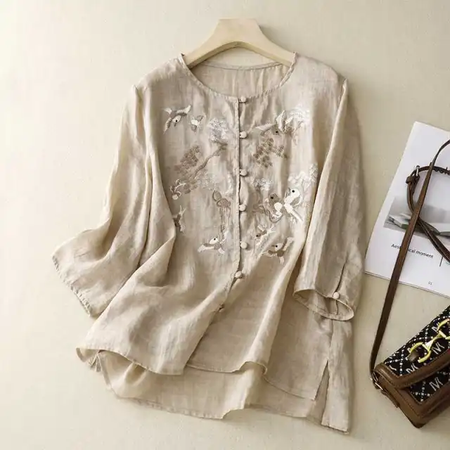 Women's Casual Embroidered Shirt Made Of Cotton And Linen Red - Shop at LoveMi