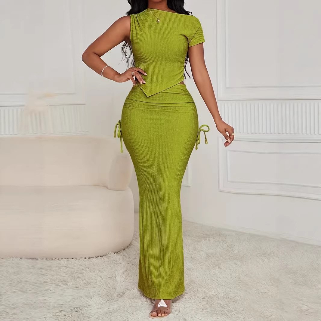 European And American-style Summer Slim-fit Fishtail Asymmetrical Top And Lace-up Maxi Skirt Set
