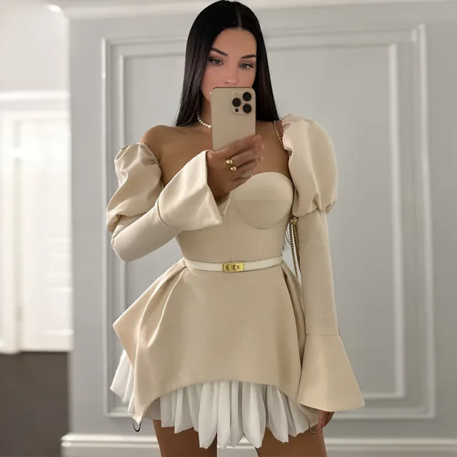 Wrapped Chest Stitching Irregular Puff Sleeve Dress Skirt Apricot Excluding Belt - Shop at LoveMi