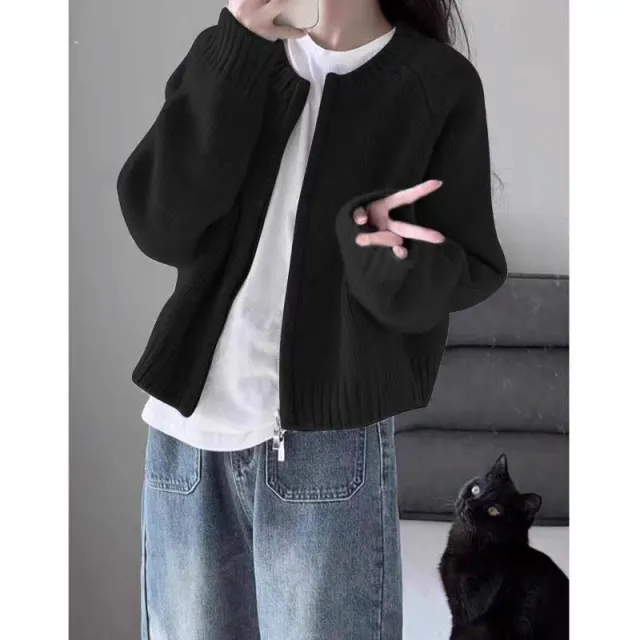 Loose Thickened Zipper Cardigan Long sleeved Knitted Top Black - Shop at LoveMi