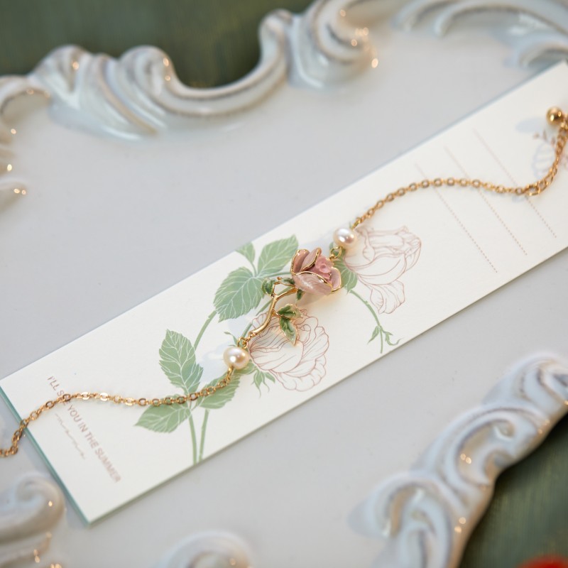 Super Gentle Rose Retro Exquisite Enamel Drip Glazed Brass Gold plated Pearl Bracelet Bracelet - Shop at LoveMi