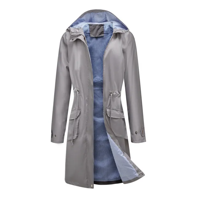 Long Casual Windbreaker Women's Waterproof Hooded Solid Color Top Striped Lining Straight Coat Gray - Shop at LoveMi