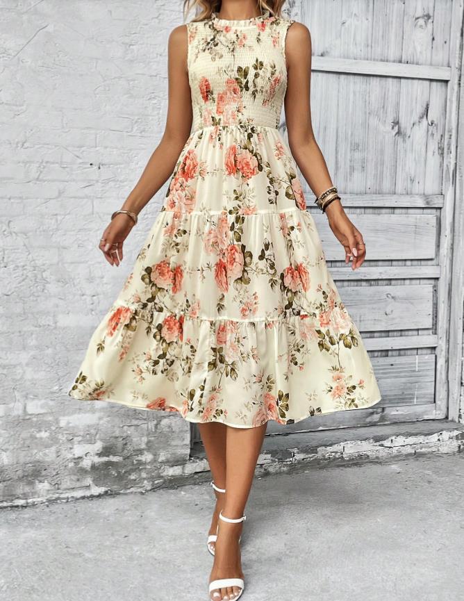 Sleeveless Round Neck Smocking Dress High Waist Slimming Design Apricot Flower - Shop at LoveMi