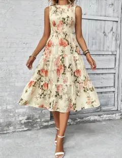Sleeveless Round Neck Smocking Dress High Waist Slimming Design - Apricot Flower - View 1