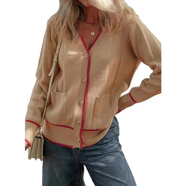 Women's Knitted Button Coat Color Matching Sweater Khaki - Shop at LoveMi