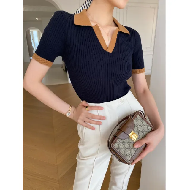Contrast Color V Neck Short Sleeved Sweater Dark Blue - Shop at LoveMi