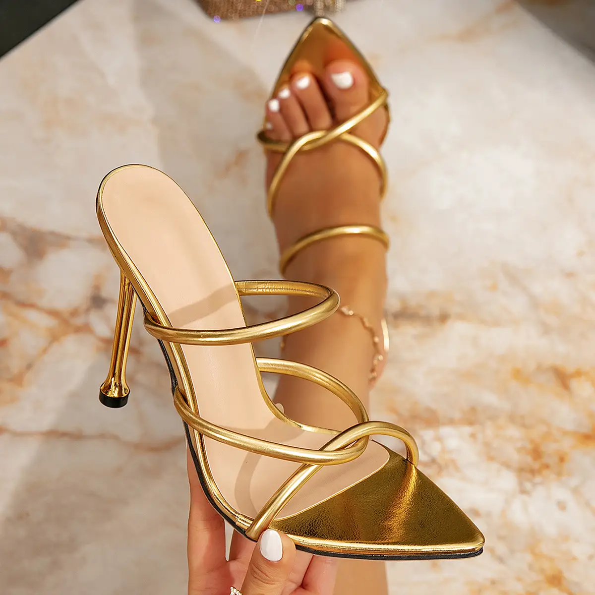 Golden Fashion Stiletto Heel Slip-On Pointed-Toe Minimalist High-Heel Sandals
