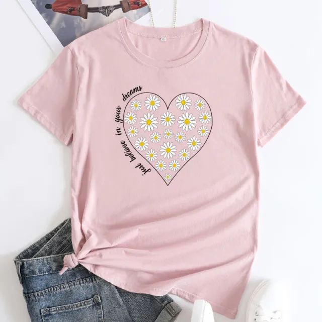 Women's Daisy Printed Cotton Round Neck Short Sleeve T shirt Pink - Shop at LoveMi