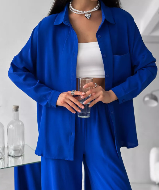 Women's Solid Color Cardigan Pocket Casual Wide leg Trousers Suit Blue - Shop at LoveMi