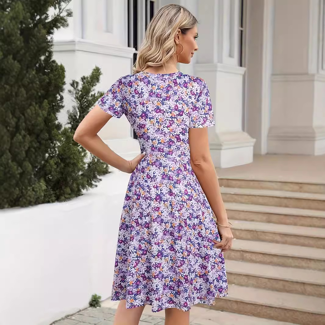 European And American Printed Short Sleeve Large Swing Dress