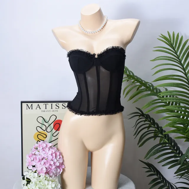 Sexy Sheer Bustier With Backless Design And Corset Boning Black - Shop at LoveMi