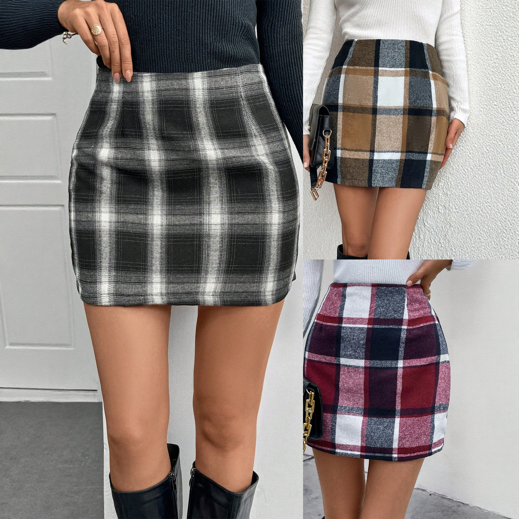 Women's High-Waisted Bodycon Plaid Skirt