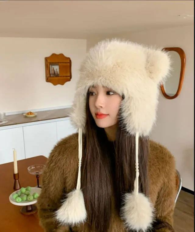 Winter Earflaps Thick Plush Women Cute Bear Ears Hanging Ball Thermal Head Cover Beanie Hat Beige - Shop at LoveMi