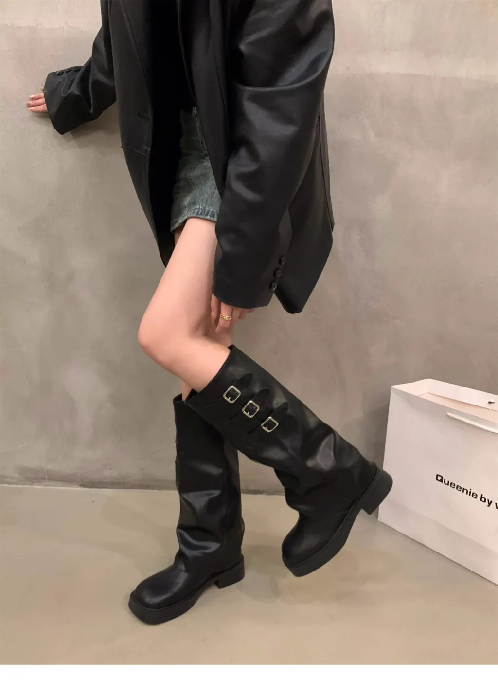 Women's Thick-soled Retro Pantyhose Long Biker Boots Shoes - Black