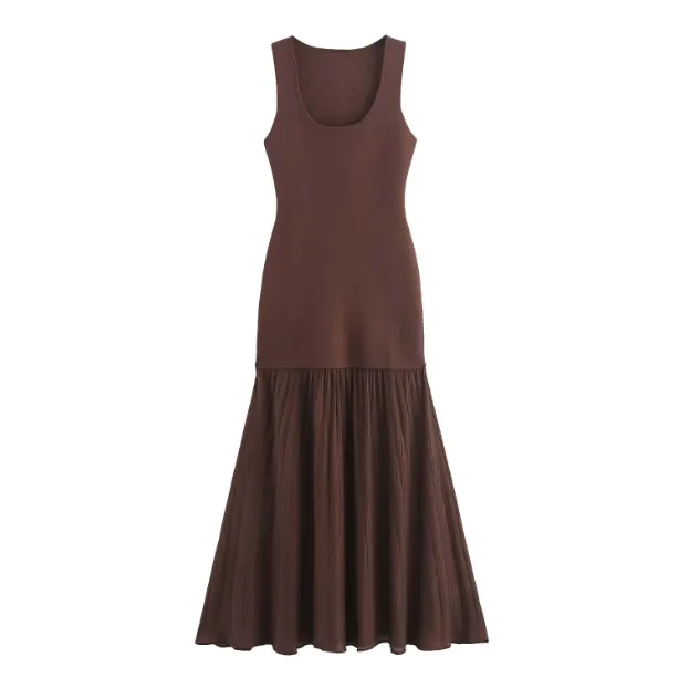 European And American Style Knitted Sleeveless Long Dress Brown - Shop at LoveMi