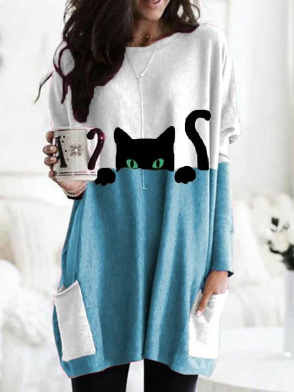 Women's Black Cat Print Round Neck Contrast Color Patchwork Pocket Long Sleeve T shirt Blue - Shop at LoveMi