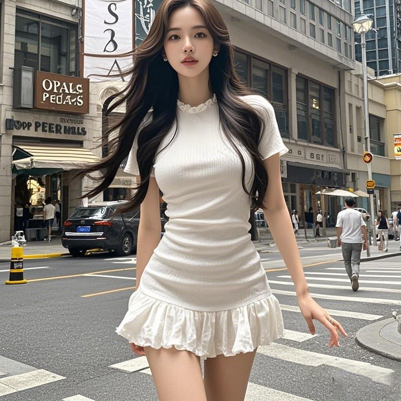 Versatile Ruffle-trimmed Slim-fit Figure-flattering Short-sleeve Dress