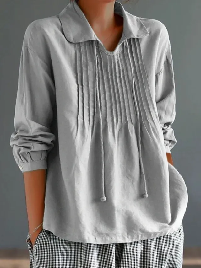 Loose Cotton And Linen Long Sleeve Women's Pleated Lapel Shirt Gray - Shop at LoveMi