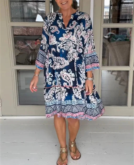 Women's Dress Printed V neck Nine quarter Sleeve Skirt Blue - Shop at LoveMi