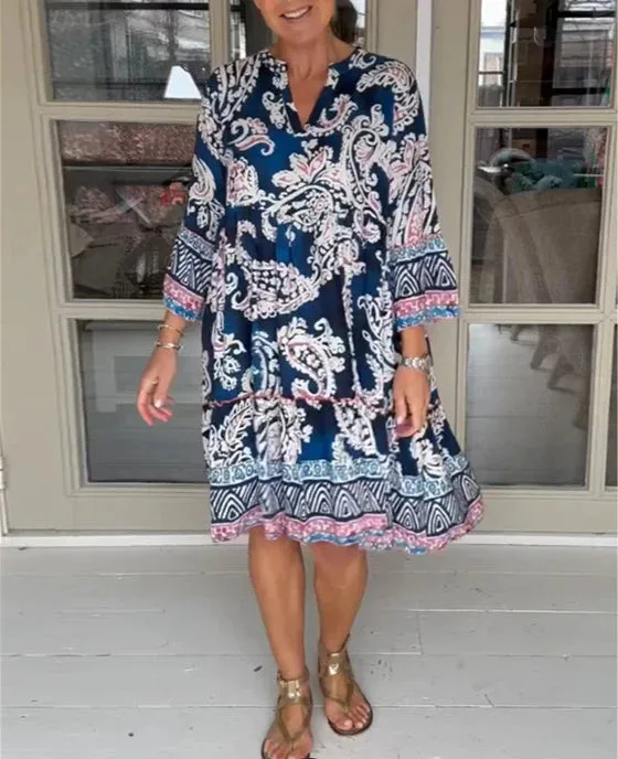 Women's Dress Printed V neck Nine quarter Sleeve Skirt Blue - Shop at LoveMi