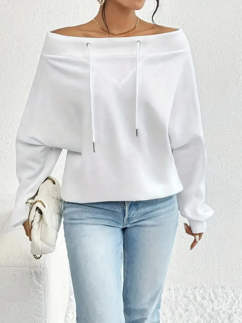 Women's Loose Casual Drawstring Off-the-shoulder Off-shoulder Top - White