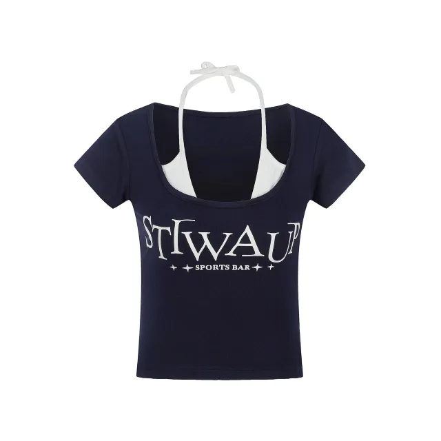 American Retro Cute Printed Short sleeved T shirt Navy - Shop at LoveMi