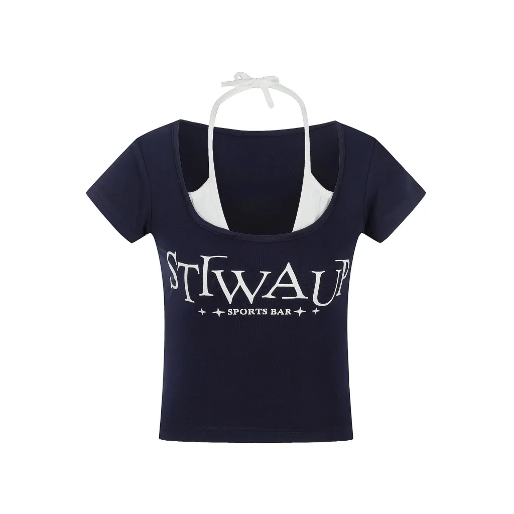 American Retro Cute Printed Short-sleeved T-shirt - Navy Blue
