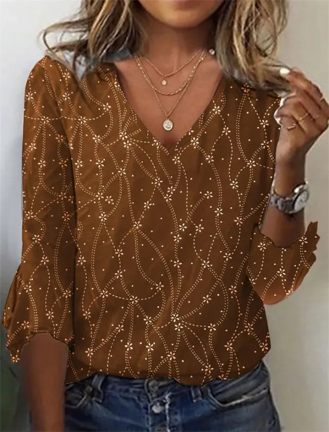 Elegant Style Bell Sleeve V neck Knitted Women's Blouse Brown - Shop at LoveMi