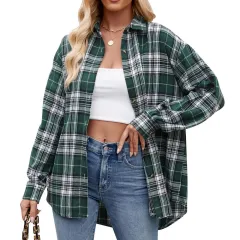 Casual Fashion Street Loose Plaid Shirt For Women - Green - View 1