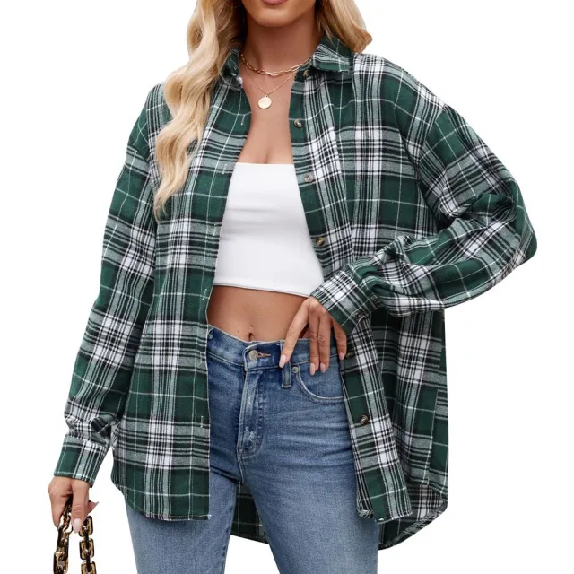 Casual Fashion Street Loose Plaid Shirt For Women Green - Shop at LoveMi