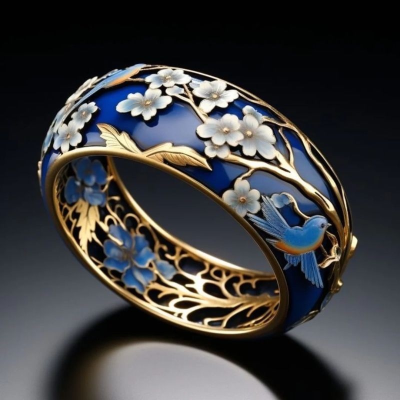 Gilded Enamel High-End Floral And Bird Ring