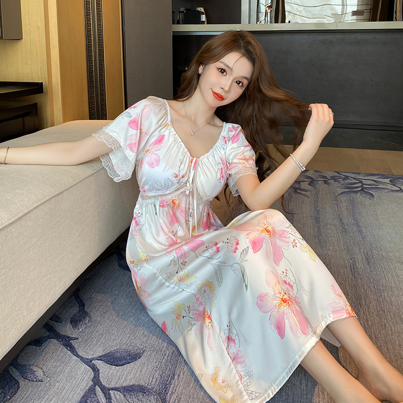 Yanruo Peach Blossom Nightdress Summer Bow Ribbon Home Wear Hollow Out