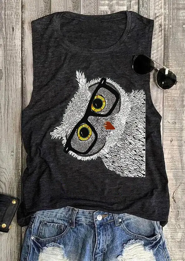 Owl Glasses Sleeveless Tank Top Black And Gray - Shop at LoveMi