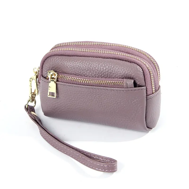 Minimalist Mini Leather Pouch With Three Zippers Coin Purse