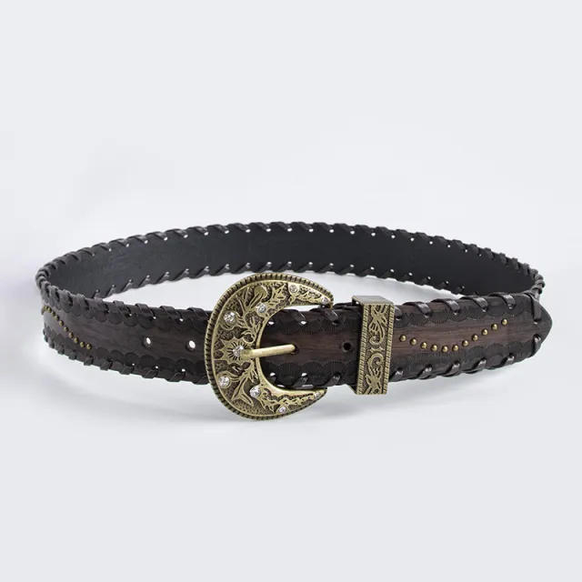 Women's Vintage Distressed Threading Rivet Embossed Brown Belt Brown - Shop at LoveMi