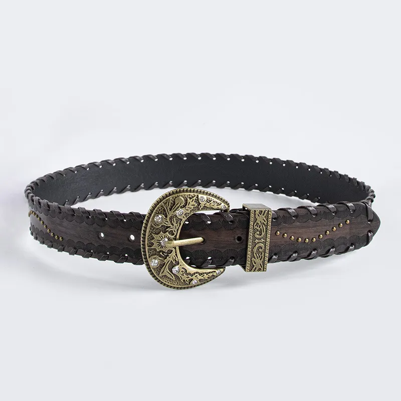 Women's Vintage Distressed Threading Rivet Embossed Brown Belt - Brown