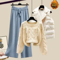 Three-piece Vest Thickened Sweater Wide-leg Pants Women's Suit - Set15-Xl - View 1