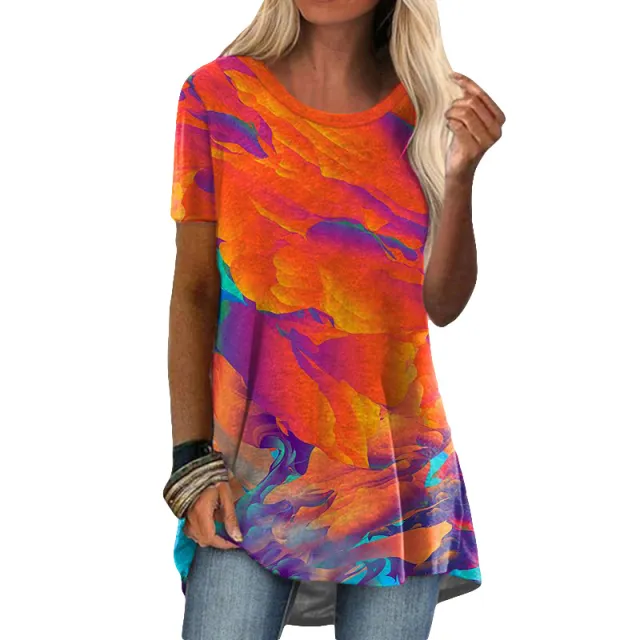 Crew Neck Casual Ethnic Style Vintage Print Short Sleeves T shirt T6 Orange Tie Dye - Shop at LoveMi