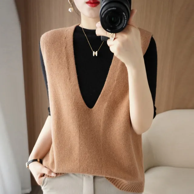Solid Color Pullover Outerwear Knitted Vest Golden Camel - Shop at LoveMi