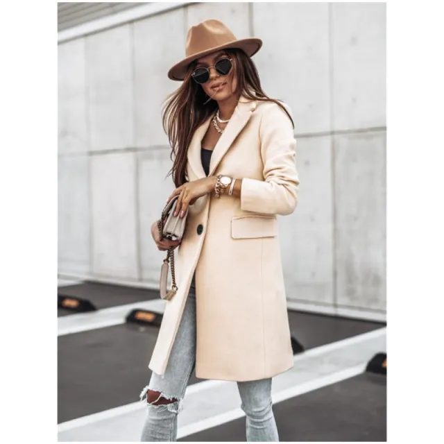 Simplicity Long Sleeve Button Woolen Coat Overcoat Beige - Shop at LoveMi